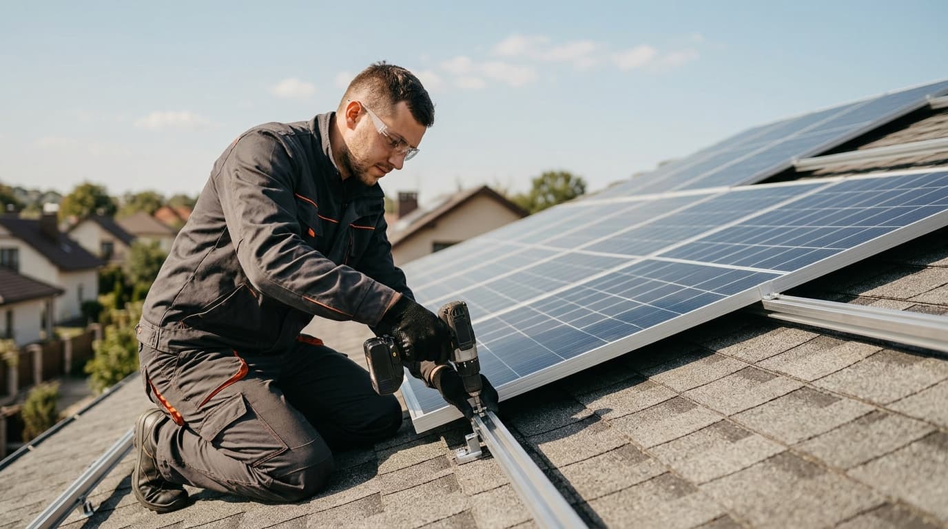 Elektriker montiert Solarmodule auf einem Hausdach bei Sonnenschein.